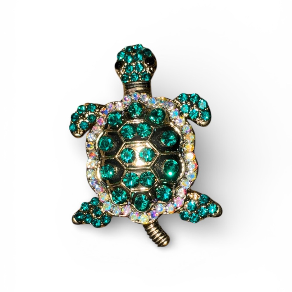 Mint Turtle Brooch with Green and Iridescent Rhinestones